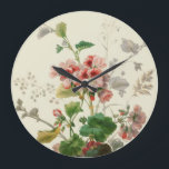Grande Horloge Ronde Wall Clock<br><div class="desc">Gorgeous géranium design from vintage lithograph on background neutre in shades of reds,  pinks and grays.</div>