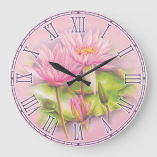 Grande Horloge Ronde Water Lily pink fine art botanical wall clock