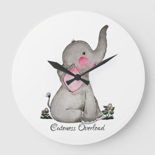 Grande Horloge Ronde Watercolor Cute Baby Elephant With Blush & Flowers