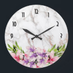 Grande Horloge Ronde Watercolor Magnolias on Faux Marble Texture<br><div class="desc">A modern classy clock with an elegant design - a faux marble texture in white makes up the background. Large pink and purple watercolor magnolia flowers with green leafy accents decorate the design along the bottom.</div>