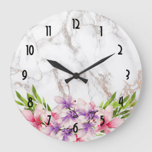 Grande Horloge Ronde Watercolor Magnolias on Faux Marble Texture