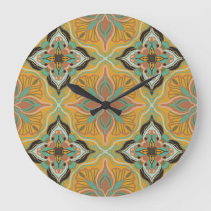 Grande Horloge Ronde Watercolor Moroccan Yellow Floral Tile 