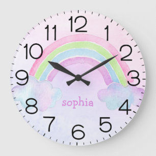 Grande Horloge Ronde Watercolor Rainbow Pastel Personalized Name Girl