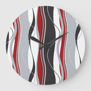 Grande Horloge Ronde Wavy Vertical Stripes Red White and Grey