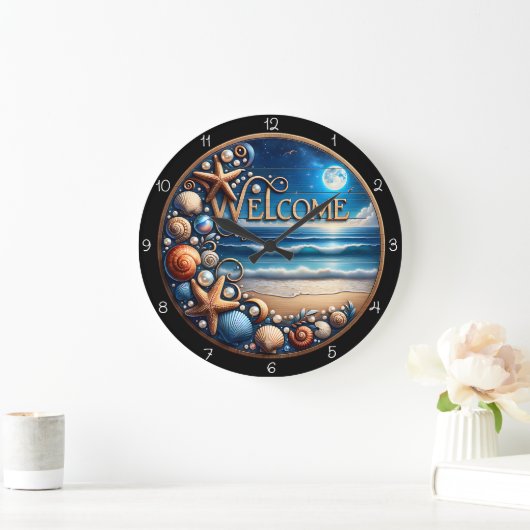 Grande Horloge Ronde Welcome Beach Seashell  (Maison)