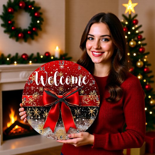 Grande Horloge Ronde Welcome Red Bow Snowflake