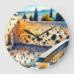Grande Horloge Ronde Western Wall Kotel Water Color Art