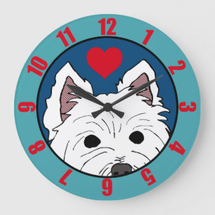 Grande Horloge Ronde Westie de Pékin avec coeur (Numéros réguliers)