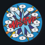 Grande Horloge Ronde WHAM Fun Retro Comic Book Pop Art<br><div class="desc">Des horloges pop comic super-héros branchées qui ajouteront une touche de couleur à une gamme de pièces autour de votre maison ou bureau. Une façon idéale de vous offrir ou de traiter quelqu'un que vous connaissez avec ces horloges de dessinateur de bande dessinée cool et unique. Pourquoi ne pas ajouter...</div>