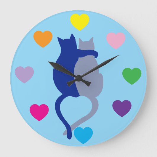 Grande Horloge Ronde Whimsical Blue Cat Clock with Rainbow Hearts (Recto)