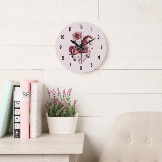 Grande Horloge Ronde Whimsical Carousel Horse Image (Salle de lecture)