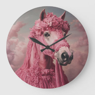 Grande Horloge Ronde Whimsical Pink Horse Wall Clock