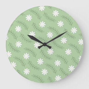 Grande Horloge Ronde Whimsical Sage Green Floral Retro, Gai