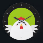 Grande Horloge Ronde White Chicken on Green Wall Clock<br><div class="desc">Cute chicken themed wall clock. This design feh a simple cartoon style chicken against a vibrant green background. A black border is used to display the clock numbers. Only the top numbers are visible as the chicken obscures the lower a aidé of the clock face. Copyright © Lisa Marie Robinson....</div>