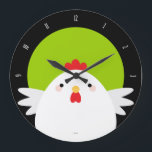 Grande Horloge Ronde White Chicken on Green Wall Clock<br><div class="desc">Cute chicken themed wall clock. This design feh a simple cartoon style chicken against a vibrant green background. A black border is used to display the clock numbers. Only the top numbers are visible as the chicken obscures the lower a aidé of the clock face. Copyright © Lisa Marie Robinson....</div>