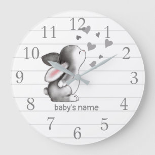 Grande Horloge Ronde White Grey Bunny Heart Nursery Decor Wall Clock