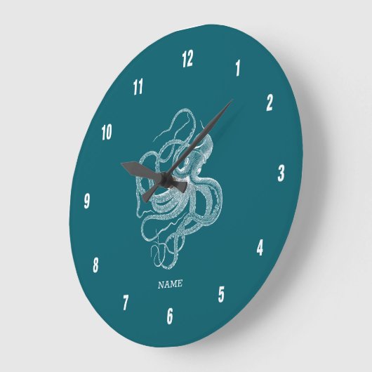 Grande Horloge Ronde White octopus on custom turquoise background monog (Angle)