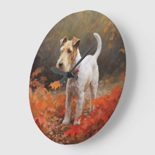 Grande Horloge Ronde Wirefox Terrier en Feuilles d'Automne Tomber Inspi