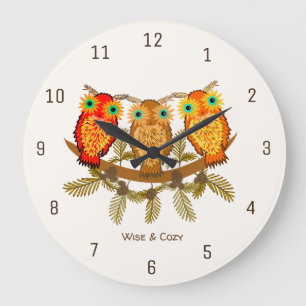 Grande Horloge Ronde Wise & Cozy – Trois hiboux orange Art