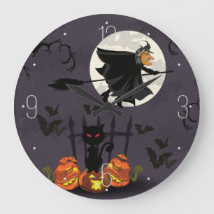 Grande Horloge Ronde Witch on broomstick, black cat, pumpkins Halloween