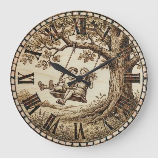 Grande Horloge Ronde Wood Burned Swing Tree Wall Clock (Recto)