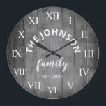 Grande Horloge Ronde Wood Custom Family<br><div class="desc">The grey (gray) wooden farm house wall clock is perfect for your country farmhouse kitchen. Customize with your family name and established year for a unique and personalized birthday ou Christmas vend.</div>