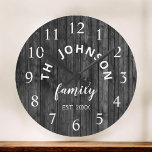 Grande Horloge Ronde Wood Custom Family<br><div class="desc">The grey (gray) wooden farm house wall clock is perfect for your country farmhouse kitchen. Customize with your family name and established year for a unique and personalized birthday ou Christmas vend.</div>