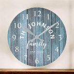 Grande Horloge Ronde Wood Custom Family<br><div class="desc">The Blue wooden farm house wall clock is perfect for your country beach House kitchen or Living Room. Customize with your family name and established year for a unique and personalized birthday ou Christmas vend.</div>