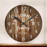 Grande Horloge Ronde Wood Custom Family<br><div class="desc">The brown wooden farm house wall clock is perfect pour your country farmhouse kitchen. Customize with your family name and established year for a unique and personalized birthday ou Christmas vend.</div>