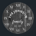 Grande Horloge Ronde Wood Custom Family<br><div class="desc">The grey (gray) wooden farm house wall clock is perfect for your country farmhouse kitchen. Customize with your family name and established year for a unique and personalized birthday ou Christmas vend.</div>