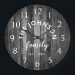 Grande Horloge Ronde Wood Custom Family<br><div class="desc">The grey (gray) wooden farm house wall clock is perfect for your country farmhouse kitchen. Customize with your family name and established year for a unique and personalized birthday ou Christmas vend.</div>
