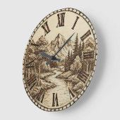 Grande Horloge Ronde Wood Engraved Mountain River Wall Clock (Angle)