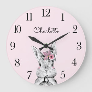 Grande Horloge Ronde Woodland Animal Pink Watercolor Baby Name Nursery