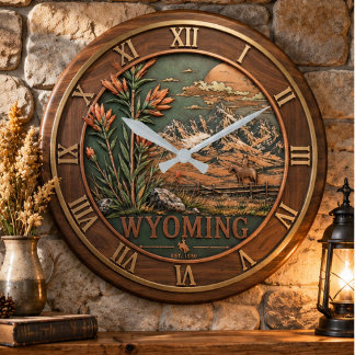 Grande Horloge Ronde Wyoming State Map 3D Relief Wood