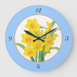 Grande Horloge Ronde Yellow Daffodils on Blue Floral Clock 4