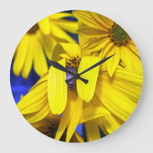 Grande Horloge Ronde Yellow Sunflower Blue Bee Wall Clock