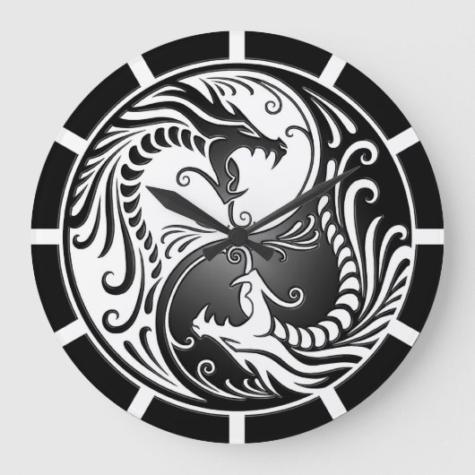 Grande Horloge Ronde Yin Yang Dragons, blanc et noir (Recto)