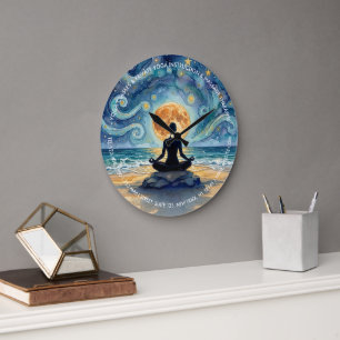 Grande Horloge Ronde Yoga Méditation Ciel Nocturne Étoilé Lune Plage Oc