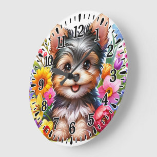 Grande Horloge Ronde Yorkie heureux