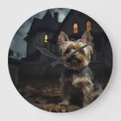 Grande Horloge Ronde Yorkshire Terrier Halloween effrayant (Recto)