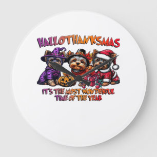 Grande Horloge Ronde Yorkshire Terrier Halloween Thanksgiving Noël