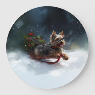 Grande Horloge Ronde Yorkshire Terrier neige de Noël hiver