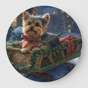 Grande Horloge Ronde Yorkshire Terrier Saison de Noël festive