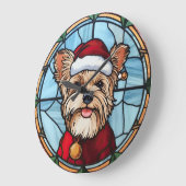 Grande Horloge Ronde Yorkshire Terrier Vitrail Noël (Angle)