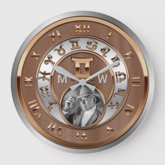 Grande Horloge Ronde Zodiac Photo bronze Argent Monogramme Gemini Twins (Recto)