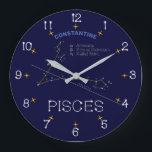 Grande Horloge Ronde Zodiaque Pisces<br><div class="desc">Zodiac Constellation Pisces or fishes. Le color des stars est roughly réel. Les noms de Star and space objects. According to ancient Greek and Babylonian legends, Pisces - Fish - represents two fishes joined by a rope. The knot of the rope is Alpha Piscium - Alrescha ("the cord" en arabe)....</div>