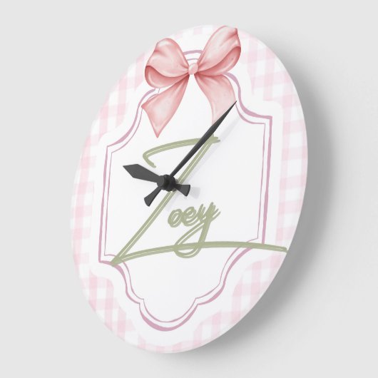 Grande Horloge Ronde Zoey Baby Girl Nursery Bow&En vichy personnalisé (Angle)