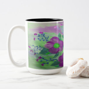 Grande Mug à fleurs violet et vert citron
