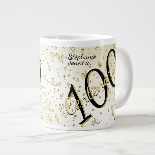 Grande Tasse 100 ans Centenaire Anniversaire Noir/Or Texte (Devant droit)