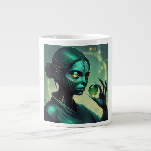 Grande Tasse Alien Lady détient un objet en verre transparent (Devant)
